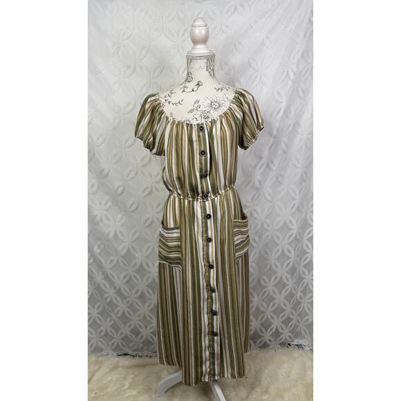 Naif Stripped Milkmaid Boho Earth Tone Midi Button Down Dress Size S - Picture 1 of 10